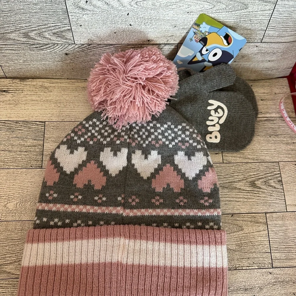 Bluey Gray and Pink Heart Knit Pom Pom Beanie with mittens